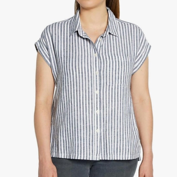 Orvis Cap Sleeve Linen Blend Short Sleeve Striped Shirt Size Large - Picture 1 of 8